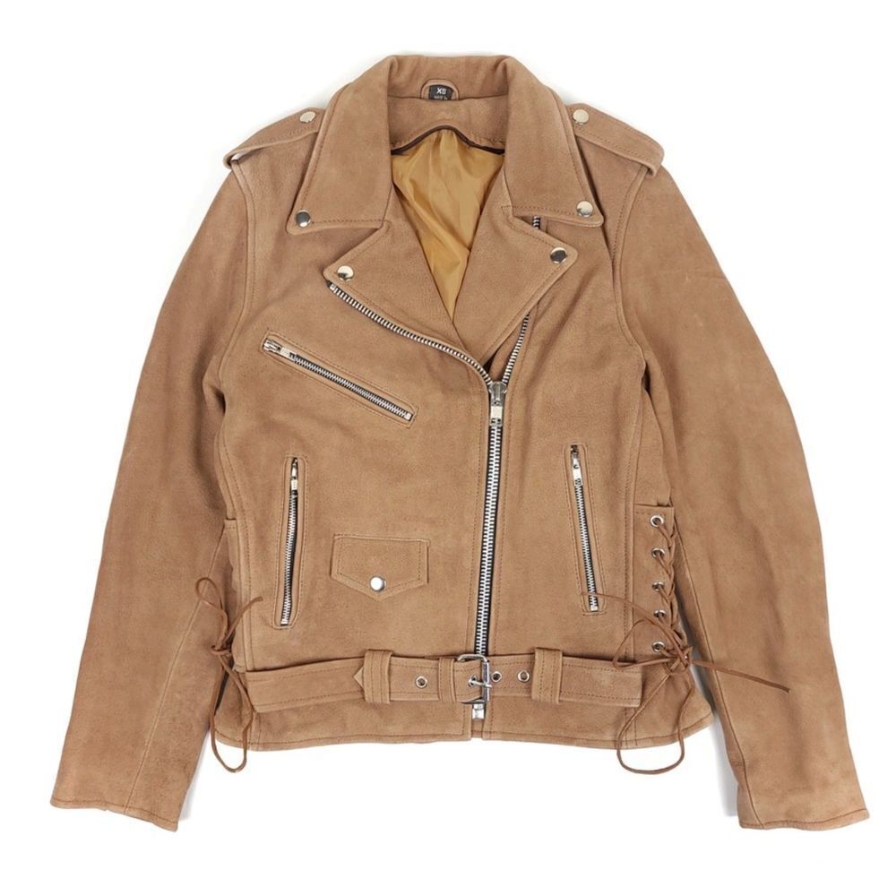 Genuine Leather Corset Lace Up Side Leather Biker Moto Jacket Tan Brown Camel XS